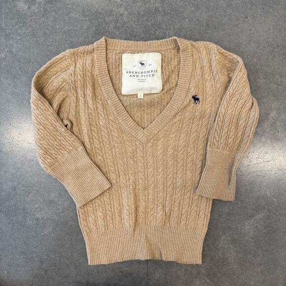 Vintage Y2K Abercrombie & Fitch Cable Knit Brown V-Neck Pullover Sweater Women L - Picture 1 of 5